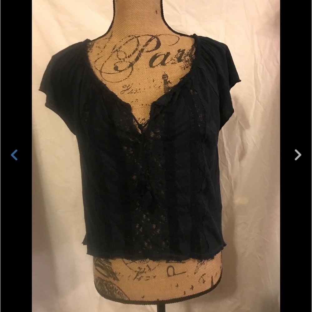 Hollister Navy Blue Lace Hi Lo Hem Tie Front Top